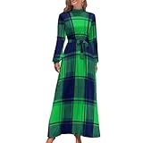 Women's Loose Fit Black Green Scottish Tartan Plaid Long Sleeve Dress with Belt Fall Fashion Wedding Guest Party Maxi Dresses