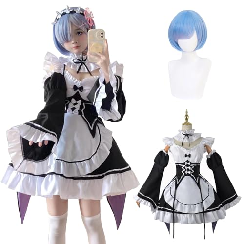 Fiamll Anime Ram Rem Cosplay Disfraz Emilia Outfit Re Life In A Different World From Zero Maid Vestido Uniforme Completo Set Carnaval Dress Up Traje con Peluca para Mujeres Niñas, Blue-rem, S