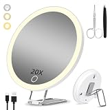 Suupvaor Espejo de Aumento 20X con luz, Espejo de Aumento 20x con luz y 3 Modos de Color, Espejo de Aumento Iluminado Recargable de 15cm con 3 ventosas y Soporte de Mesa de 360°, con Pinzas y Tijeras