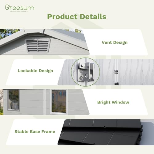 Image of Greesum 6x8FT Plastic Outdoor Storage Shed with Floor, Resin Sheds with Lockable Double Door, Tool Sheds with Window and Vents, for Garden, Patio, Backyard, Light Gray
