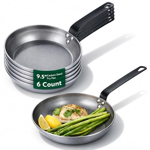 Restaurantware Fry Pan 6 Pack of 9.4 Inches Carbon Steel Non-Stick Searing Pan With Ergonomic Handle Silver For Sauteing and Omelets