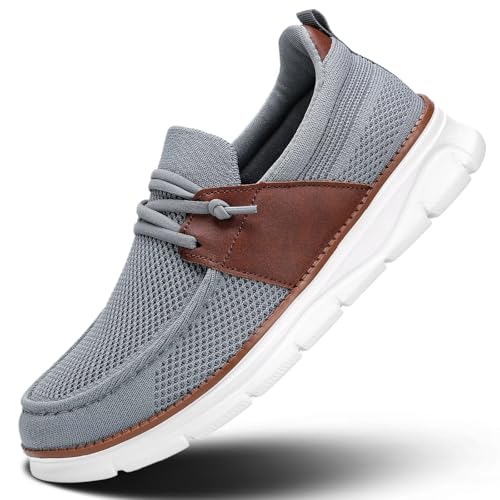 Image of Mens Casual Slip in Boat Shoes Fashion Lightweight Slip On Loafers Walking Beach Sneakers Work Mesh Oxfords Soft Sole Grey