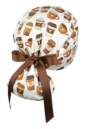 Image of Scrub Cap for Women and Men, Ponytail Scrub Caps, Working Hat, Head Cover with Ribbon Ties and Buttons, Long Hair