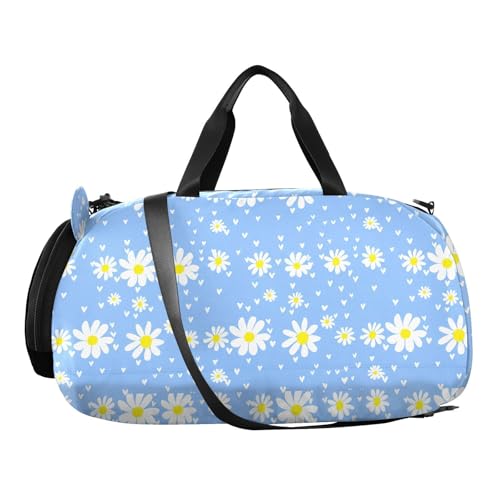 Heart Flowers Blue Kids Travel Duffel Bag for Boys Girls Overnight Weekend Tote Bag with Shoes Compartment for Trip Beach Swim2
