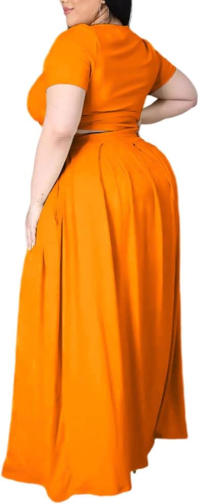Ophestin Womens Plus Size 2 Piece Dress Outfits Solid Color Crop Top Maxi Skirts Set - Image 4