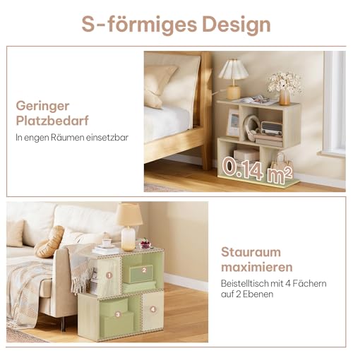 eSituro Beistelltisch S-Form, Couchtisch mit 4 Fächern, Nachttisch Wohnzimmertisch Kaffeetisch Telefontisch, kleiner Tisch für Couch Sofa Bett, 60x60x24 cm, helle Eiche – Bild 5