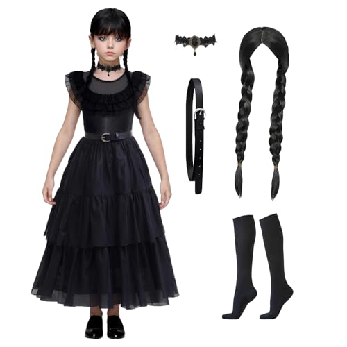 Disfraz Negro para Niñas Halloween, Vestido Gótico con Cinturón