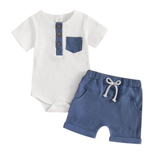 fhutpw Baby Boy Clothes Short Sleeve Romper & Shorts Sets Newborn 3 6 12 Months Summer Knitted Ribbed Splicing Color Outfits (Blue 2, 0-3 Months)