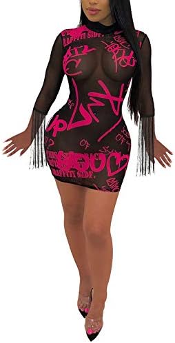 Uni Clau Women Sexy Mini Mesh Sheer See Through Dresses Tassel Long Sleeve Letter Print Bodycon Party Dress Rose L