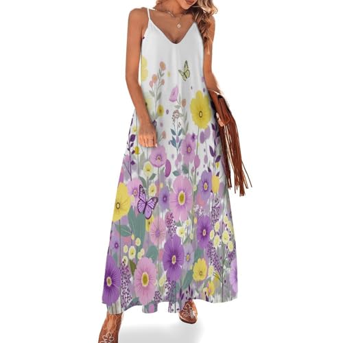 Robe bohe_me chic longue col en V motif plantes naturelles violet pour l'ete