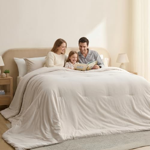 Image of Bedsure Super King Comforter Set - Beige Soft Bedding for All Seasons, Cationic Dyed Bed Set, 3 Pieces, 1 Super King Size Comforter (120 inchx120 inch) and 2 Pillow Shams (20 inchx36 inch+2 inch)