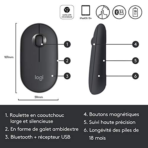 Logitech M350 Pebble Souris Sans Fil, Bluetooth ou 2,4 GHz avec Mini Récepteur USB, Souris pour Ordinateur avec Clic Sliencieux, Portable/Notebook/PC/Mac/iPad OS/Chromebook - Graphite/Noir