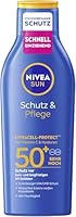 NIVEA SUN Schutz & Pflege Sonnenlotion LSF 50+, wasserfester Sonnenschutz mit Vitamin C & Hyaluron, schnell einziehende Sonnencreme für 48h Feuchtigkeit ohne weiße Rückstände (200 ml)