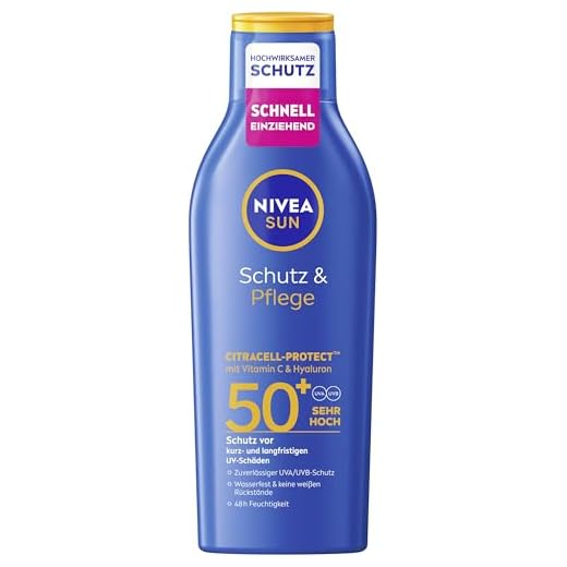 NIVEA SUN Schutz & Pflege Sonnenlotion LSF 50+, wasserfester Sonnenschutz mit Vitamin C & Hyaluron, schnell einziehende Sonnencreme für 48h Feuchtigkeit ohne weiße Rückstände (200 ml)