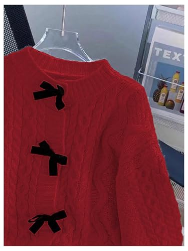MakeMeChic Women's Bow Knot Sweater Cardigan Cable Knit Long Sleeve Crew Neck Knitted Cardigan Outerwear3