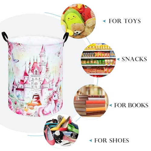Image of 19.7 Inch Pink Castle Pattern Girls Lovely Laundry Hamper Storage Basket Fabric Material Organization Basket, Storage Bin, Toy Box,Gift Basket with Handles for Room