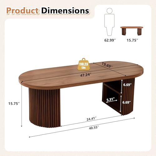 Image of Oval Fluted Coffee Table, 47 inch Farmhouse Wood Coffee Table Mid Century Modern Center Table Boho Living Room Tables for Living Room Office,Walnut