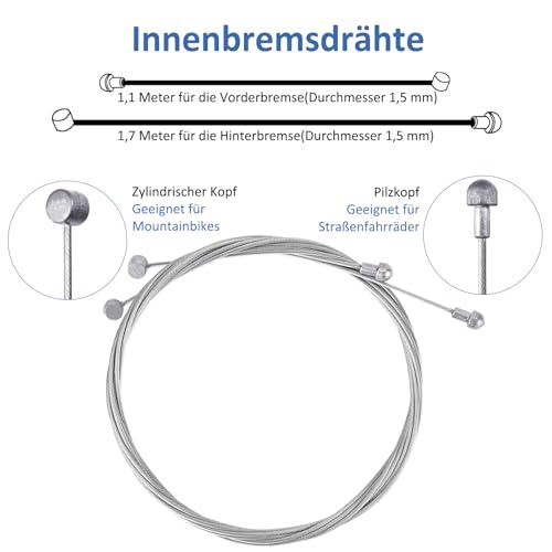 Fahrrad Bremszug Bowdenzug Fahrrad Bremsseil Kit enthält Innere Bremsdrähte für Fahrrad-Vorderradbremse und Hinterradbremse, Handbremsseil Endkappen, V-förmiges Bremsseil-Führungsrohr und S-Haken