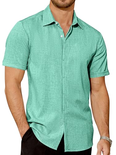 Mens Button Down Short Sleeve Shirt Linen Textured Summer Casual Shirts Beach Vacation Wedding Tops Wrinkle-Resistant