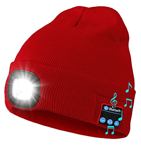 Image of Wmcaps Bluetooth Beanie with a Light, Unisex USB Rechargeable 4 LED Fashlight Hat with Cordless Headphones, Unique Christmas Birthday Gifts for Men Him Husband Teen Red