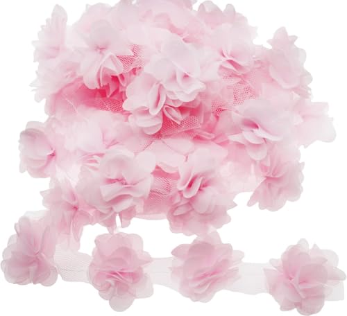 Yalulu 5 Yards 3D Chiffon Cluster Flowers DIY Lace Trim Dress Decoration Tulle Fabric Applique Trimming Craft Sewing (Pink)