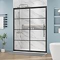 DELAVIN 60" W x 72" H Semi-Frameless Glass Shower Door with Grid Pattern, Sliding Shower Door with Ultra White Clear Tempered Glass, Black Shower Door with Magnetic Seal Strip, Explosion-Proof Film
