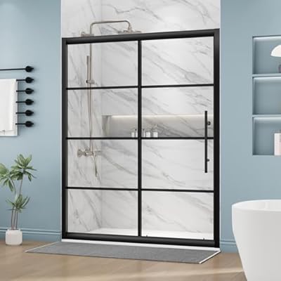 DELAVIN 60" W x 75" H Semi-Frameless Glass Shower Door with Magnetic Seal Strip, Sliding Shower Door with Ultra White Clear Tempered Glass, Black Shower Door With Grid Pattern, Reversible Installation