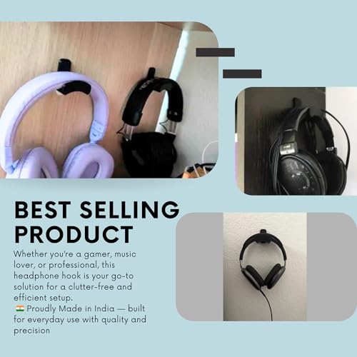 Image of Headphone Wall Mount Holder or Hanger- Universal Headset Holder for Home, Office & Gaming Setup | Space-Saving, Heavy-Duty Plastic Wall Hanger (Black) (Curve, 2, Count)