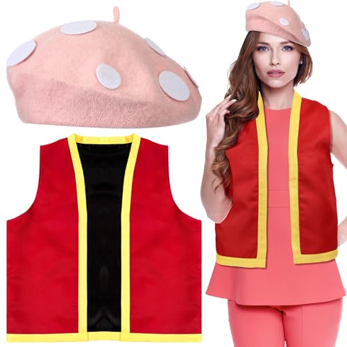 Velmitten 2 Pcs Easter Mushroom Costume Set Adult Spotted Mushroom Hat Vest Funny Cosplay Outfits(Beret Pink)