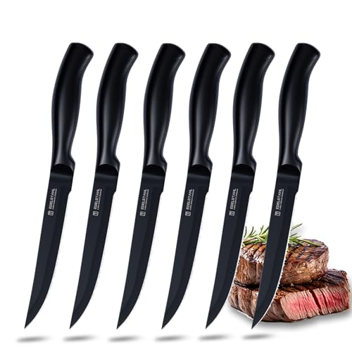 targzier Steakmesser 6-Teilig Set, Scharfes Steakmesserset mit Wellenschliff, Hochwertiges Edelstahl Küchen Steakbesteck, Spülmaschinenfest- Schwarz
