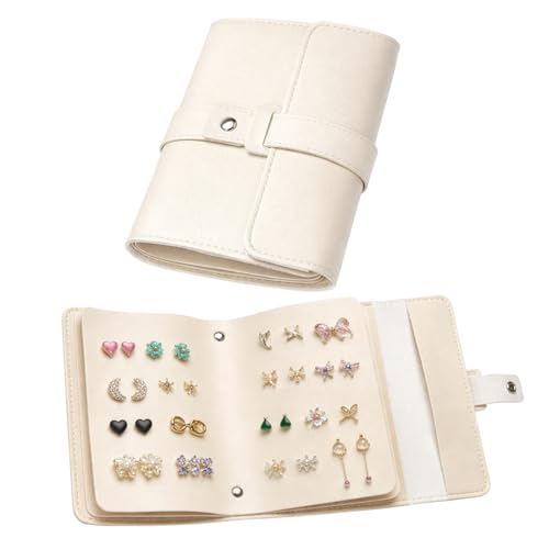 EujRcf Earring Storage Organiser Earring Book Small Book Storage Bags With Button Portable Jewellery Rolls Portable Earring Storage for Business Trips Vacations or Special Occasions (Beige)