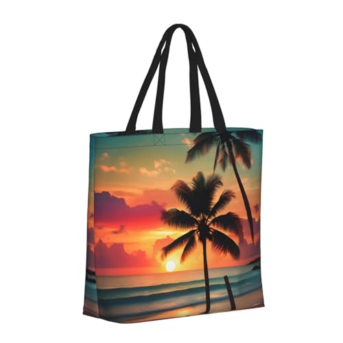 Tropical Beach Palm Tree Print Tote Bags, Large Capacity Zipper Shoulder Bag, For Shopping, Work, Daily2