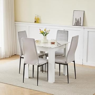 NICEME Compact Dining Table and 4 Chairs, Small Dining Room Set for 4 Seater Kitchen Table with Chairs for Small Space Saving, Glossing Tabletop 75x75 cm (Marble-White Table, 4 Seats, Velvet Gray #1)
