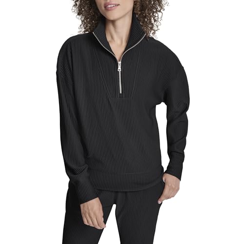 DKNY Women's Tech Ottoman Half Zip Mock Neck Pullover, Black