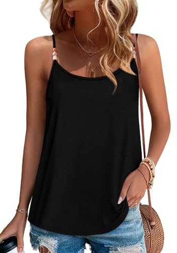 Spaghetti Strap Tank Tops for Women Loose Fit Flowy Sleeveless Camisole Womens Summer Tops 2026 Trendy Casual Cute Business Casual Outfits Beach Vacation Spring Clothes Black Tank Tops L