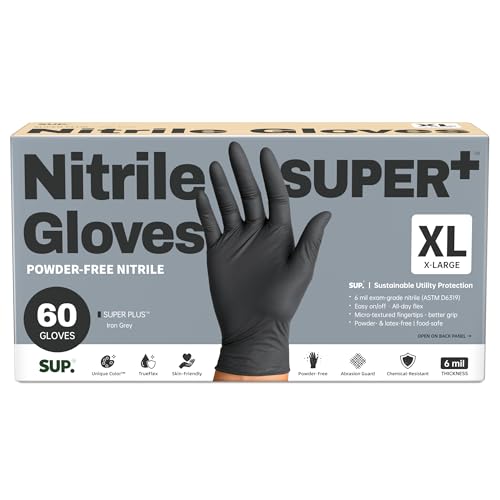 SUPER+ Black Nitrile Gloves HEAVY DUTY 6 Mil Disposable Chemical Resistant Powder & Latex Free Food Safe Medical Cooking Cleaning 60 Ct (X-Large)