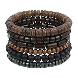 TIESOME 6 Pcs Men Beaded Bracelet, Multilayer Wood Bead & Braided Leather Bracelets, Adjustable Elastic Cord, Vintage Grunge Stackable Cuff Wrap For Casual Wear, Couples Gift