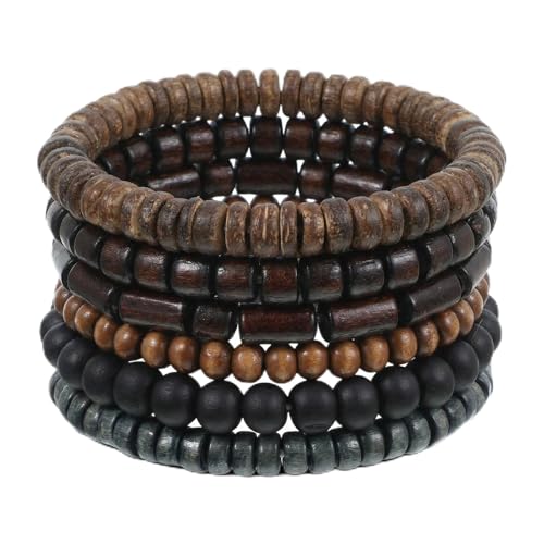 Image of TIESOME 6 Pcs Men Beaded Bracelet, Adjustable Elastic Cord, Vintage Grunge