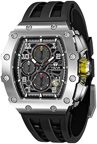 TSAR BOMBA Luxury Mens Watches Square Analog 50M Waterproof Tonneau Chronograph Replica Unique Cool Sport Watch for Men Premium Men’s Silver Wrist Watch Quartz Stylish Design with Silicone Strap