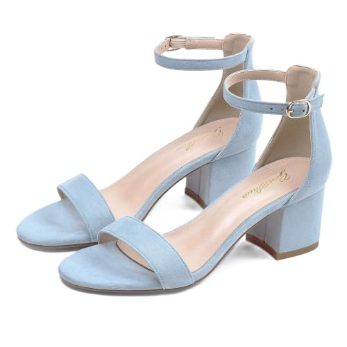 GENSHUO Womens Chunky Low Heels 2 inch Open Toe Ankle Strap Sandals Strappy Block Comfort Shoes Bridal Wedding Homecoming Faux Suede Blue Size 7