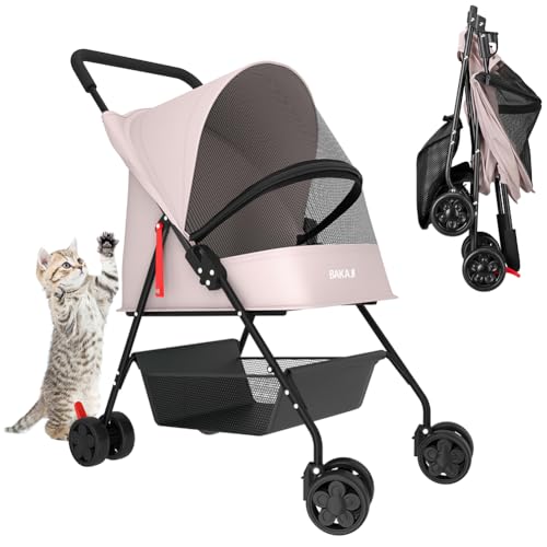 BAKAJI Passeggino per Animali Domestici Carico Massimo 15kg, Carrozzina per Cani e Gatti Pieghevole e Salvaspazio con Cestello Portaoggetti e Ruote Bloccabili, Cappottina Protettiva Anti UV (Rosa)