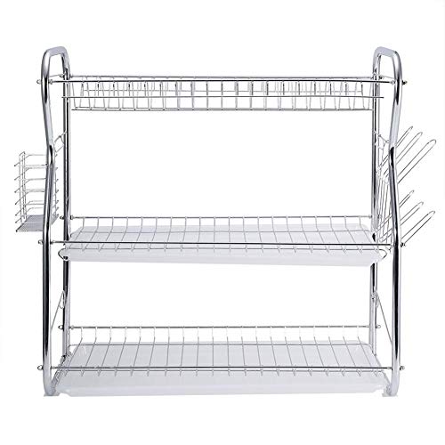 Escurreplatos de acero inoxidable con cromado para platos y cubiertos, resistente a la humedad, escurreplatos de apoyo, 3 estantes, 59 x 58 x 55 cm