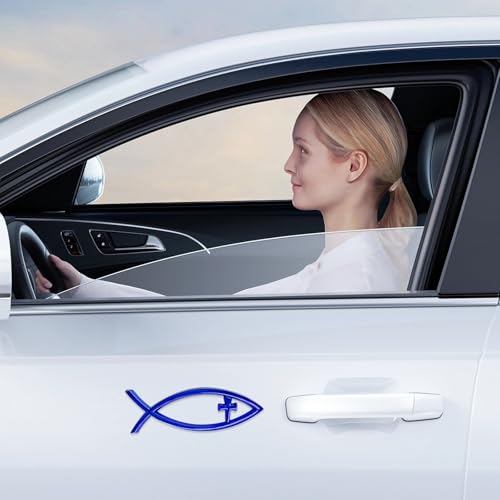 Image of Christian Cross Fish Car Emblem, Large Jesus Fish Cross Auto Emblem Badge Bumper Sticker, Weatherproof Christian Fishes Symbol Ichthus Religious Decal for Most Vehicles (Blue)