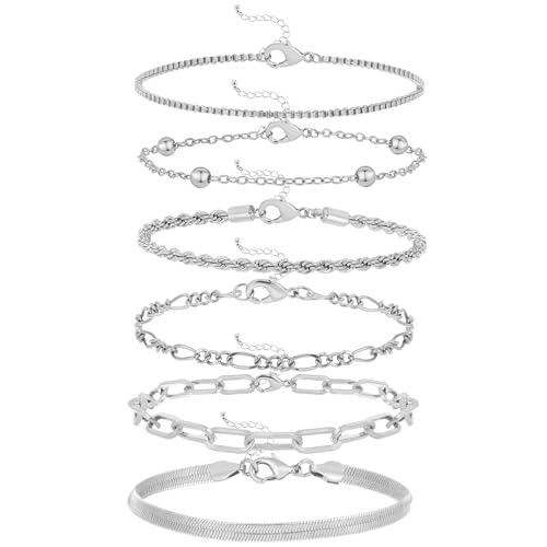 Wgoud Waterproof Gold Bracelets for Women Trendy, Dainty 14K Real Gold Plated Fashion Stackable Bracelet Sets for Women Thin Cuban Link Paperclip Chain Bracelets Layered Gold Jewelry Sets Gifts for Womens (6Pcs Silver Bracelet)