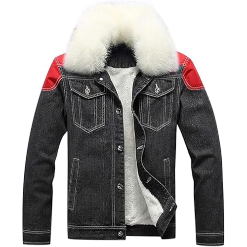 Casual Sherpa Lined Denim Jacket for Men Faux Fur Collar Fleece Coat Winter Warm Faux Fur Jean Coats