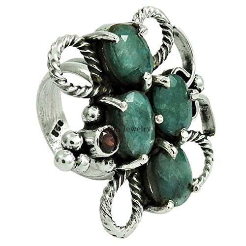 Natural Emerald & Garnet Gemstone Handmade Ring, Solid 925 Sterling Silver Womens Gift Ring, Stackable Stacking Multitone Ring, Statement Ring, Metaphysical Gifts, May January Birthstone Ring (7)