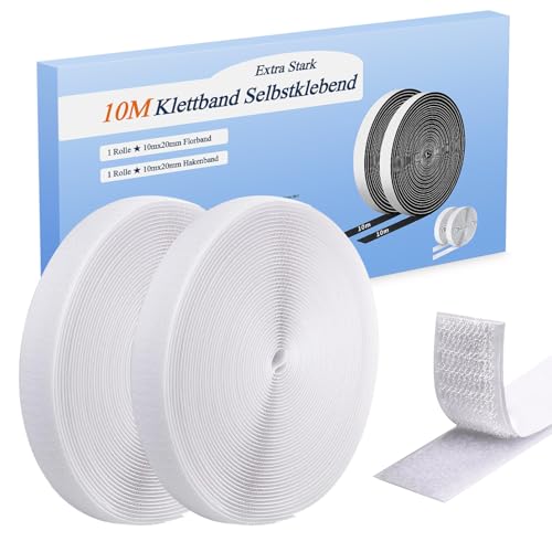Klettband Selbstklebend Extra Stark 10Mx20mm, Weiß Doppelseitig Klett Mit Klettverschluss Kelbstklebendes, Haken und Loop Band Klebepad Für Fliegengitter, Couch-Kissen