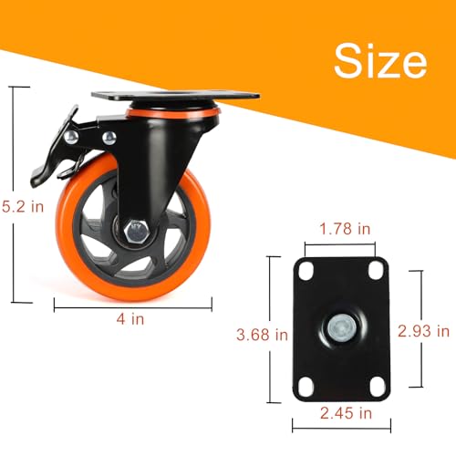 4 Inch Caster Wheels 4 Pack - Heavy Duty Swivel Casters with Brakes, 360° Silent Roller Wheels for Furniture, Cart, Dolly, Cabinet, Toolbox, PU Rubber Wheels By MangoPark