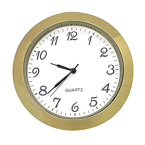 New Round Metal Quartz Bezel Clock Watch Movement Insert Miniature Gold With Black Arabic Numerals White Dial Battery Operated (50mm Insert - 47mm Hole)