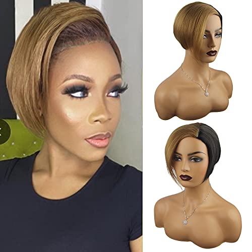 Short Pixie Cut Bob Wig for Black Women, Straight 150% Density Side Part Wig Natural Synthetic Heat Resistant Cosplay Wig （Brown)